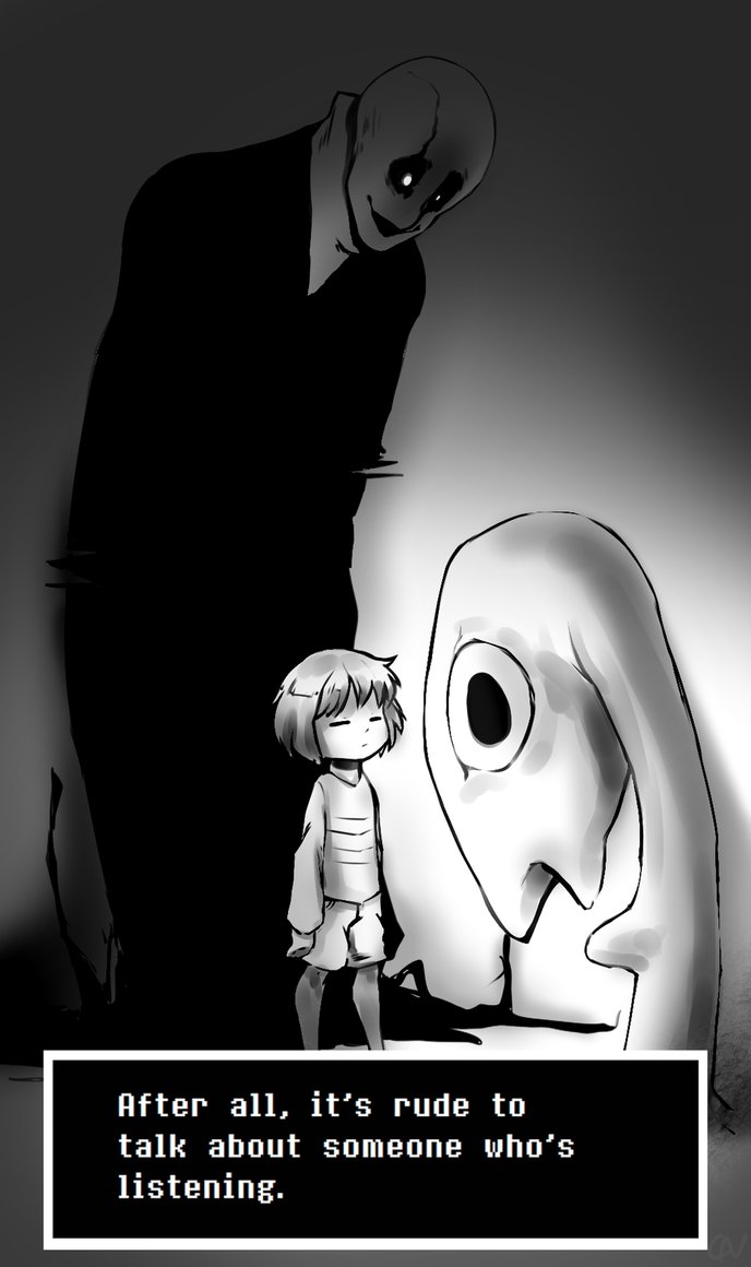 ambiguous_gender better_version_at_source bone caneggy clothing creepy english_text gaster gaster_follower human male mammal monochrome monster protagonist_(undertale) skeleton text undertale video_games