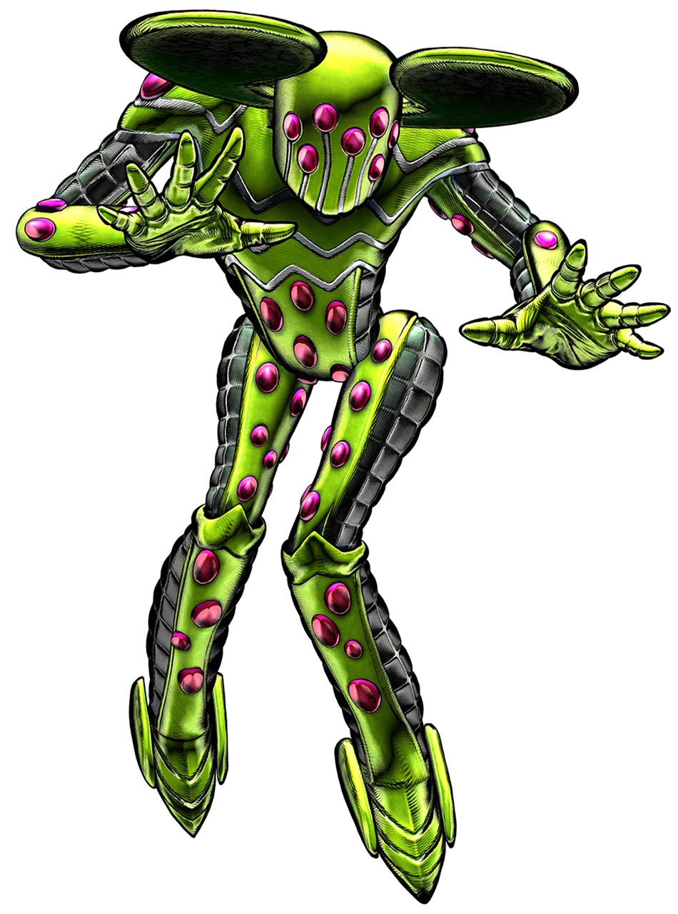 3d_(artwork) ambiguous_gender ball_breaker cgi digital_media_(artwork) green_body jojo's_bizarre_adventure multiple_eyes official_art pink_eyes pose simple_background solo stand_(jjba) unknown_artist white_background