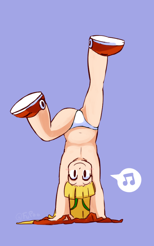 blonde_hair capcom clothing digital_media_(artwork) female fupoo hair handstand looking_at_viewer mega_man_(series) not_furry panties roll_(megaman) simple_background smile solo spread_legs spreading topless underwear upside_down video_games young