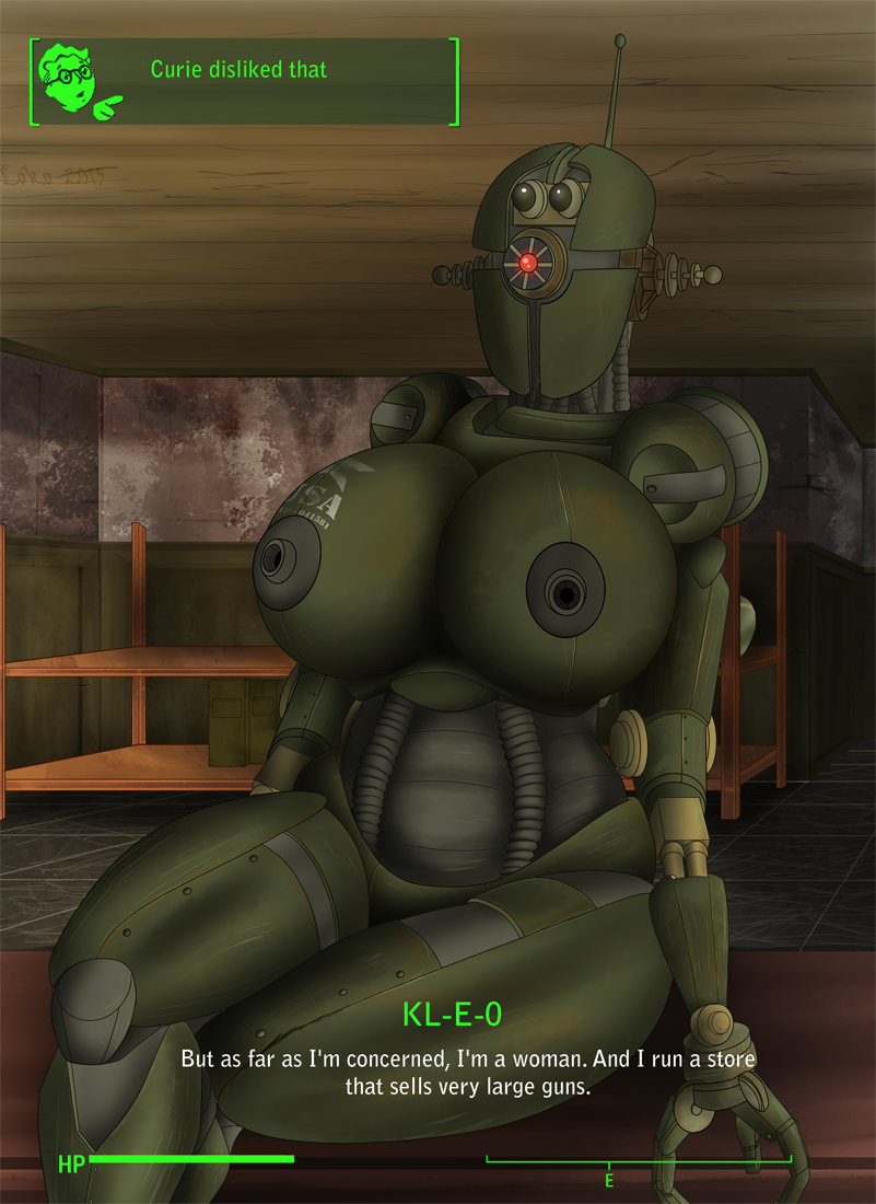 assaultron big_breasts breasts dialogue el-loko english_text fallout female kleo_(fallout) machine robot solo text video_games
