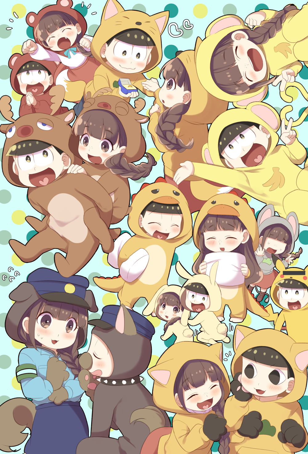 1girl :3 :d ^_^ alternate_costume animal_costume animal_ears animal_hood antlers arm_at_side arm_behind_head arm_up armband back bad_id bad_pixiv_id banana bangs barefoot bear_costume bear_hood black_hair blue_bow blue_hat blue_ribbon blue_shirt blue_skirt blunt_bangs blush boots bow braid brown_eyes brown_footwear brown_hair bunny_costume bunny_ears bunny_hood bunny_tail carrying carrying_under_arm cat_ears cat_hood clenched_hand clenched_hands closed_eyes collar cosplay couple dinosaur_costume dinosaur_tail dog_ears dog_hood dog_tail eyebrows eyebrows_visible_through_hair faceless fake_animal_ears flying_sweatdrops food fox_costume fox_ears fox_tail fruit gen_1_pokemon gloves hair_down hair_over_shoulder hand_on_another's_cheek hand_on_another's_face hands_clasped hat heart heart_in_mouth heart_tail_duo hetero highres holding_hands hood hoodie jewelry juushimatsu's_girlfriend kneeling licking_lips long_hair long_sleeves looking_at_another looking_at_viewer looking_back looking_up matching_outfit matsuno_juushimatsu monkey_ears motion_lines mouse_ears multiple_views neck_ribbon open_mouth osomatsu-kun osomatsu-san own_hands_together paw_gloves paws pencil_skirt piggyback pikachu pikachu_(cosplay) pikachu_tail pillow pillow_hug pokemon pokemon_(game) police police_hat police_uniform policewoman polka_dot polka_dot_background print_shirt proposal red_skirt reindeer_antlers reindeer_costume reindeer_ears reindeer_hood ribbon ring ring_box shibanashi_miso shirt skirt smile spiked_collar spikes squatting standing sweat tail tongue tongue_out uniform wavy_mouth white_shirt yellow_eyes