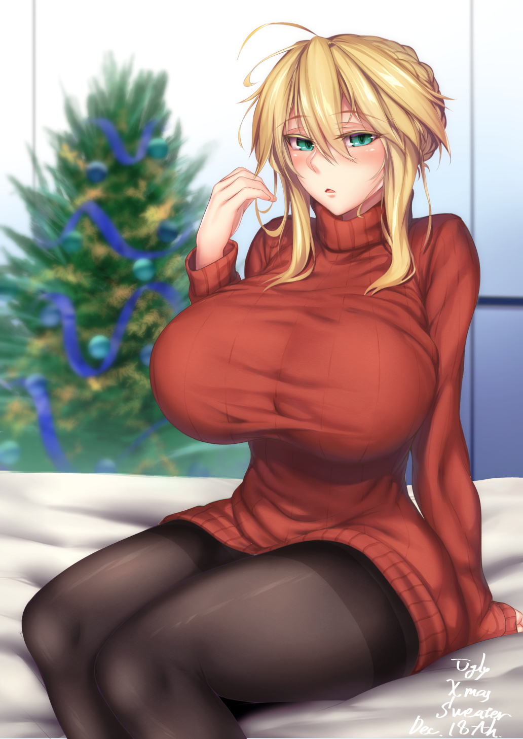 2girls ahoge aqua_eyes artoria_pendragon_(all) artoria_pendragon_(lancer) bangs black_legwear blonde_hair blurry blurry_background blush braid breasts christmas christmas_sweater christmas_tree commentary_request crown_braid curvy dated december depth_of_field dress english eyebrows_visible_through_hair fate_(series) green_eyes hair_between_eyes hair_tousle highres hirasawa_seiji huge_breasts indoors looking_at_viewer multiple_girls pantyhose red_sweater ribbed_sweater sidelocks sitting sleeves_past_wrists solo sweater sweater_dress thick_thighs thighband_pantyhose thighs turtleneck turtleneck_sweater