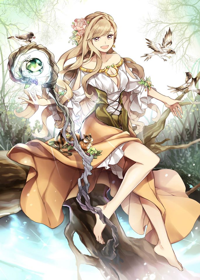 :d artist_request bare_shoulders barefoot bird blonde_hair branch breasts brown_eyes brown_hair character_request chipmunk cleavage drawstring flower hair_flower hair_ornament medium_breasts million_arthur_(series) open_mouth rose sitting smile solo squirrel staff tan_skirt torq tree water