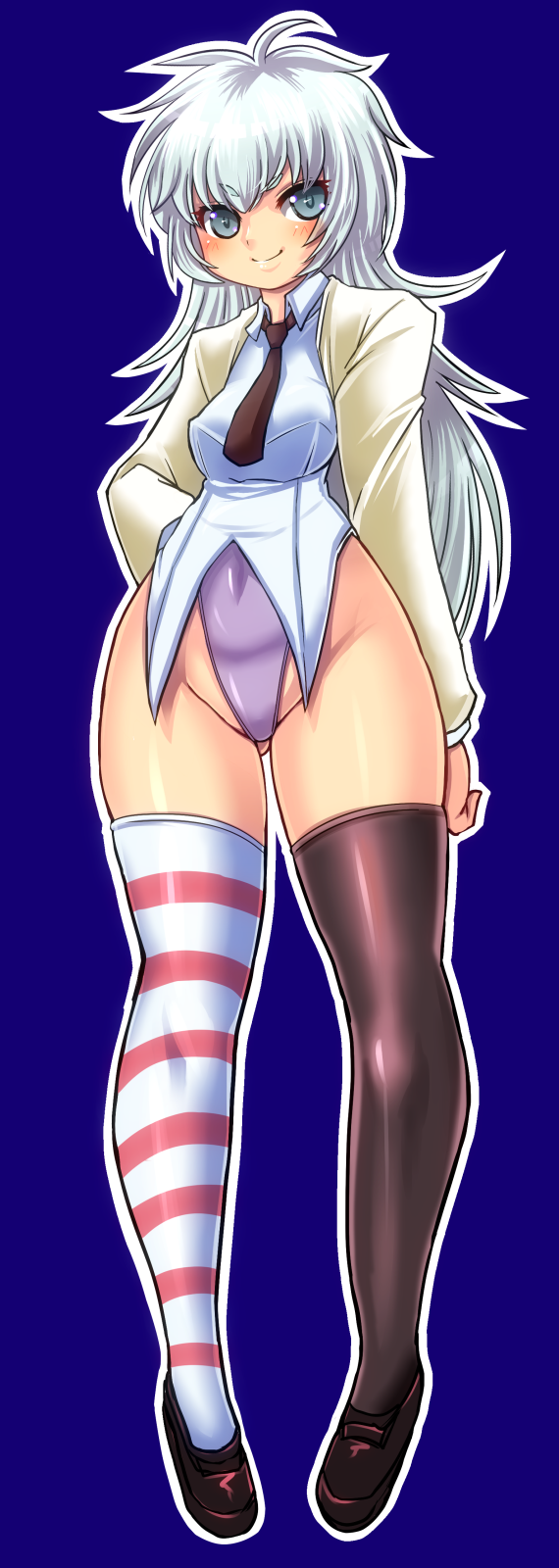 borrowed_character commentary_request covered_navel grey_eyes highleg highleg_leotard highres leotard long_hair looking_at_viewer messy_hair mismatched_legwear nanashi_mushi original shirt smile solo striped thick_thighs thighhighs thighs white_hair