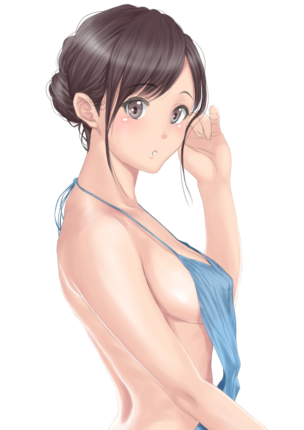 apron breasts brown_eyes brown_hair medium_breasts muffin_(sirumeria) naked_apron original short_hair simple_background solo upper_body