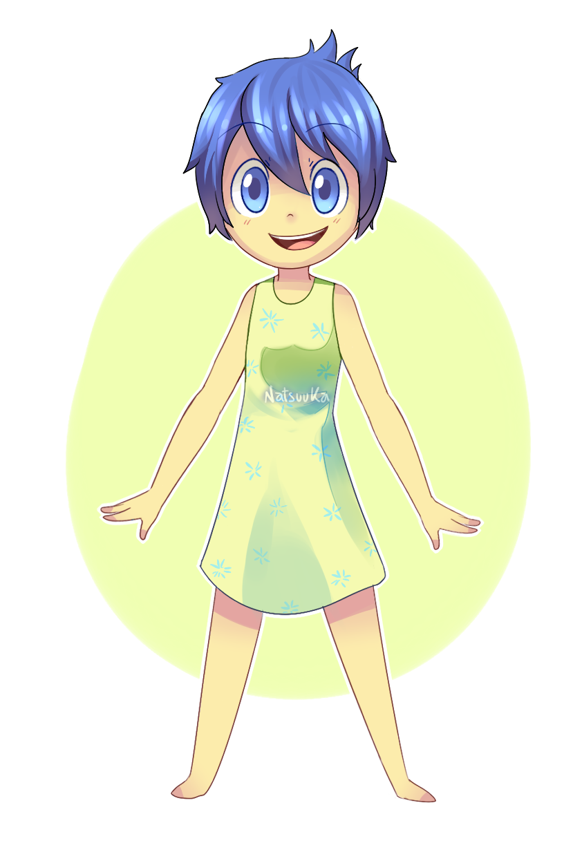 artist_name blue_eyes blue_hair dress full_body green_dress highres inside_out joy_(inside_out) open_mouth outline pixar short_hair smile solo yellow_skin yoyochaan