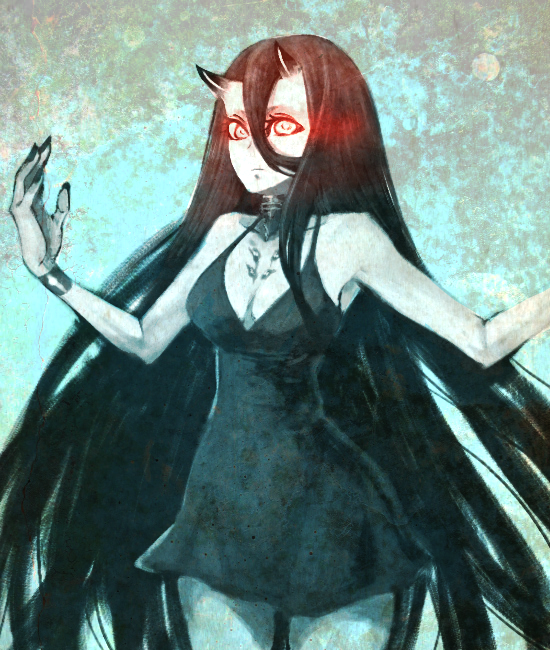 battleship_hime black_dress black_hair black_nails breasts cleavage collarbone dress glowing glowing_eyes horns kantai_collection long_hair looking_at_viewer medium_breasts nail_polish red_eyes shide_kouri shinkaisei-kan solo very_long_hair white_skin