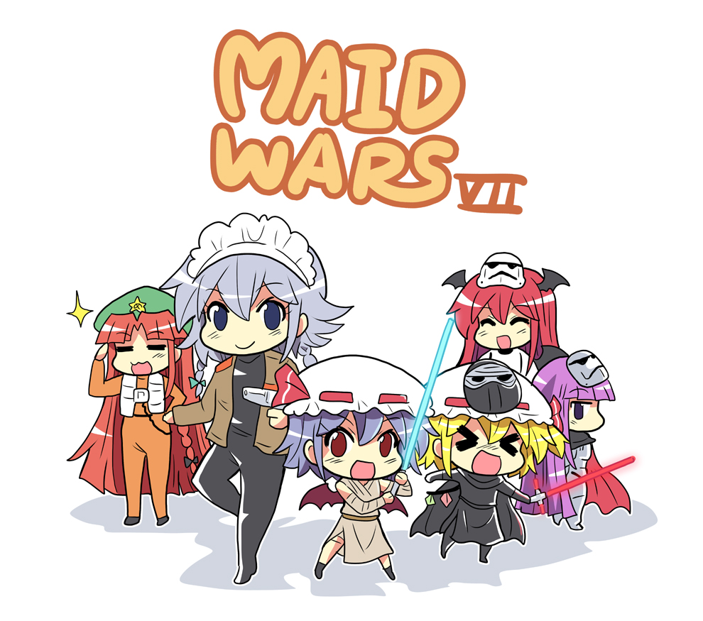 &gt;_&lt; :d ^_^ armor beret blonde_hair blue_eyes blue_hair bow braid brown_jacket captain_phasma captain_phasma_(cosplay) chibi closed_eyes colonel_aki commentary_request cosplay energy_sword english finn_(star_wars) finn_(star_wars)_(cosplay) flandre_scarlet fn-2199 fn-2199_(cosplay) hair_bow hat head_wings hong_meiling izayoi_sakuya jacket koakuma kylo_ren kylo_ren_(cosplay) lightsaber long_hair looking_at_viewer maid maid_headdress mask mob_cap multiple_girls open_clothes open_jacket open_mouth parody patchouli_knowledge poe_dameron poe_dameron_(cosplay) purple_hair rebel_pilot red_hair remilia_scarlet rey_(star_wars) rey_(star_wars)_(cosplay) salute science_fiction short_hair simple_background smile stance star star_wars star_wars:_the_force_awakens stormtrooper sword touhou twin_braids very_long_hair weapon white_background