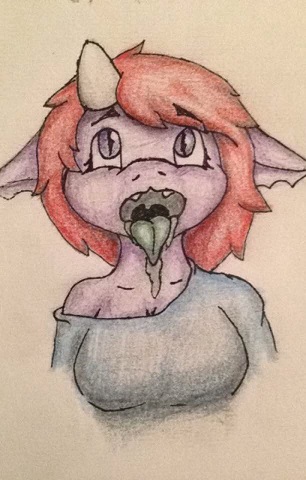 anthro breasts clothed clothing dragon drawing drippy drippydragon drooling female green_tongue horn midget open_mouth saliva tongue