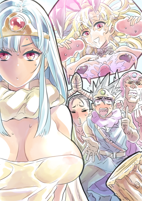 3boys animal_ears begging blonde_hair blue_hair bow bowtie breasts breasts_apart bunny_ears cape circlet cum cum_on_body cum_on_breasts cum_on_hair cum_on_upper_body detached_collar double_handjob dragon_quest dragon_quest_iii erection erection_under_clothes facial fighter_(dq3) grin handjob heart_pasties helmet hetero huge_breasts jester_(dq3) large_breasts long_hair mimonel multiple_boys multiple_girls multiple_penises pasties penis red_eyes roto sage_(dq3) smile soldier_(dq3) sweat