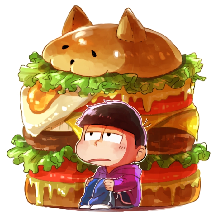 :3 ahoge bad_id bad_pixiv_id bangs black_eyes black_hair blunt_bangs blush cheese food fried_egg half-closed_eyes hamburger hands_on_own_knees hood hood_down hoodie long_sleeves male_focus matsuno_ichimatsu meat miniboy nadako_(hoguo_hn) osomatsu-kun osomatsu-san oversized_object pants simple_background sitting solo tomato track_pants white_background