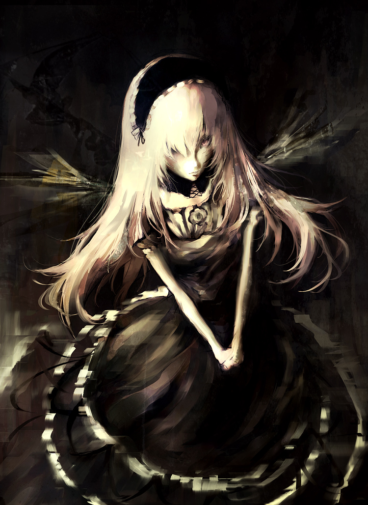 armlet black_dress collarbone detached_collar dress from_above full_body hairband iori_yakatabako lolita_hairband long_hair looking_at_viewer rozen_maiden solo standing suigintou v_arms