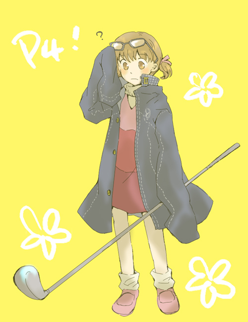 ? adjusting_eyewear arm_at_side bad_id bad_pixiv_id blazer blush borrowed_garments botiboti brown_eyes brown_hair closed_mouth copyright_name cosplay doujima_nanako dress eyewear_on_head flower_(symbol) frown full_body glasses golf_club hand_up holding jacket long_sleeves loose_socks male_focus narukami_yuu narukami_yuu_(cosplay) open_clothes open_jacket oversized_clothes persona persona_4 pink_footwear shoes short_dress simple_background sleeves_past_wrists socks solo standing turtleneck twintails white_legwear yellow_background