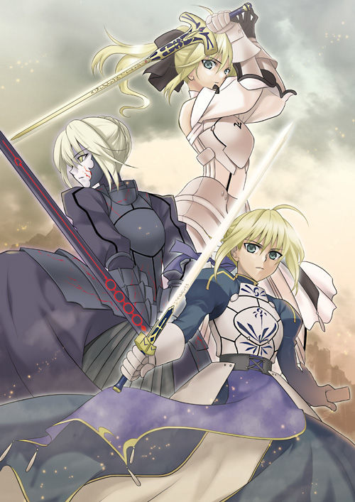 armor armored_dress artoria_pendragon_(all) blonde_hair caliburn dark_excalibur dress duplicate excalibur fate/stay_night fate/unlimited_codes fate_(series) glowing glowing_weapon green_eyes long_hair multiple_girls multiple_persona nina_(pastime) ponytail saber saber_alter saber_lily sword weapon