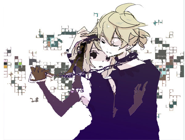 1girl brother_and_sister chain collar dress gloves kagamine_len kagamine_rin monochrome siblings twins vocaloid