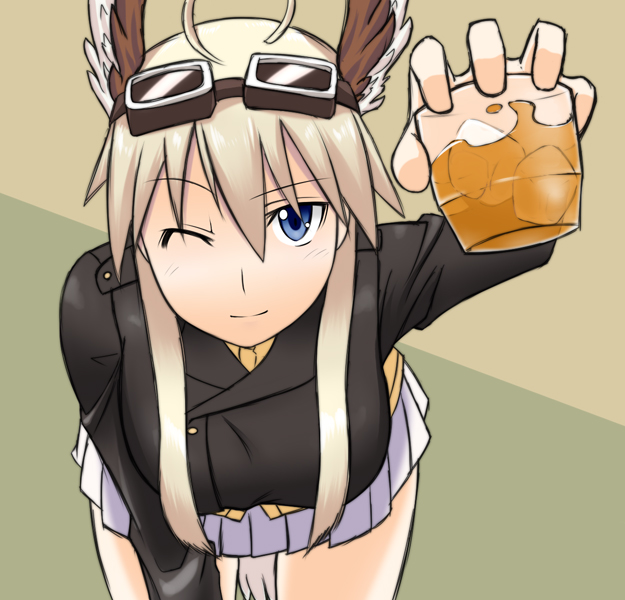alcohol animal_ears blonde_hair blue_eyes goggles hanna-justina_marseille head_wings long_hair naageru one_eye_closed skirt smile solo strike_witches uniform whiskey world_witches_series
