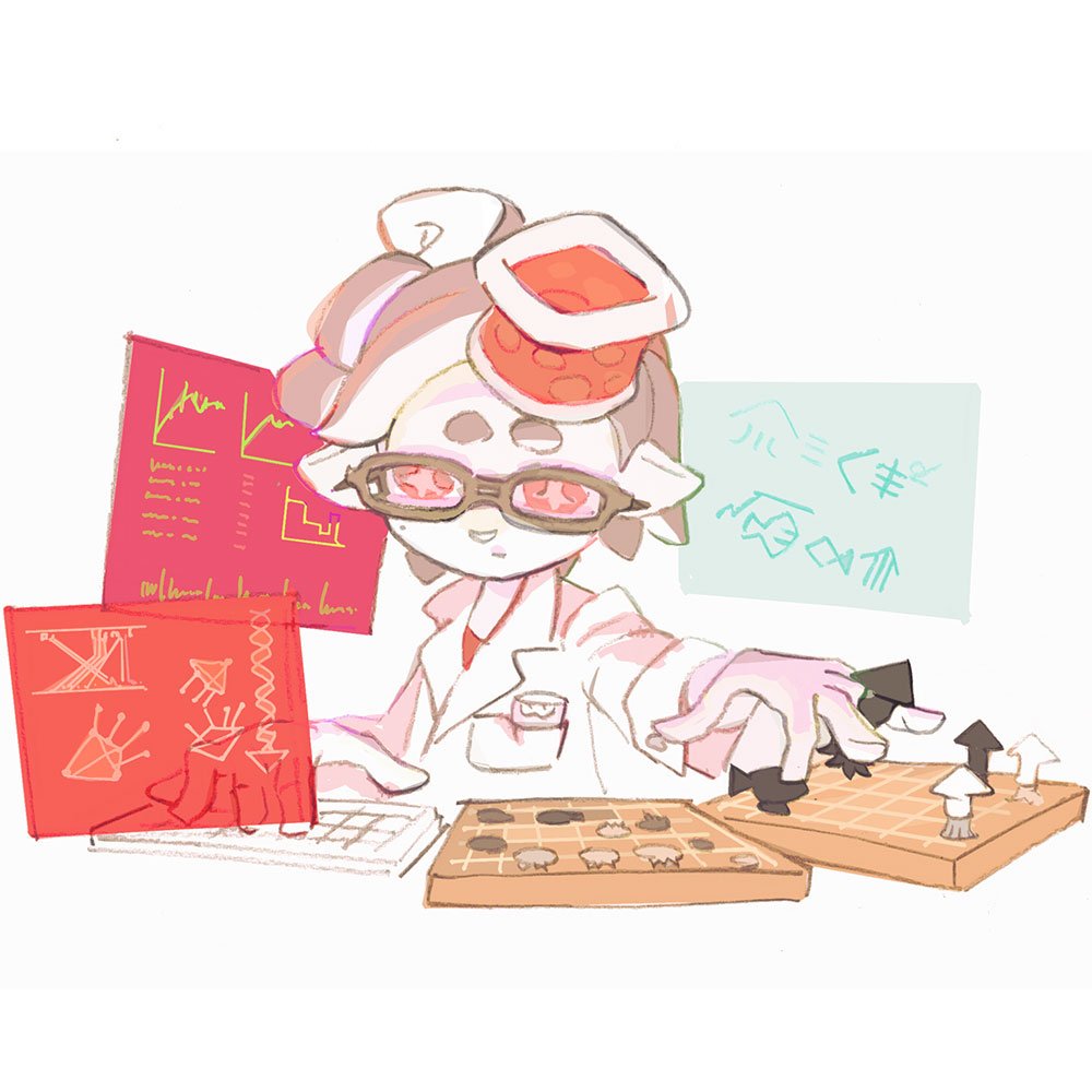 1girl bespectacled equation glasses hikimayu holographic_interface hotaru_(splatoon) inoue_seita labcoat looking_at_viewer object_on_head official_art simple_background solo splatoon_(series) splatoon_1 tentacle_hair white_background white_hair