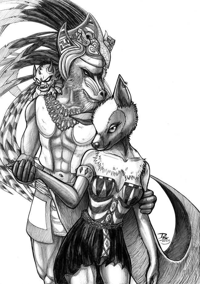 abs aztec bat clothing courtesan darkspeeds demon dress feathers female flying_fox fur hat jewlery male mammal mandril mandurik_(character) muscular priest sinn_(character) tales_of_the_ashes_(series)