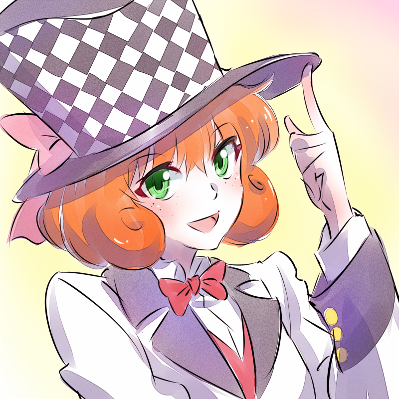 bow bowtie checkered commentary_request cosplay formal freckles green_eyes hat iesupa jojo_no_kimyou_na_bouken orange_hair penny_polendina phantom_blood ribbon rwby solo spoilers top_hat trait_connection upper_body will_anthonio_zeppeli will_anthonio_zeppeli_(cosplay)