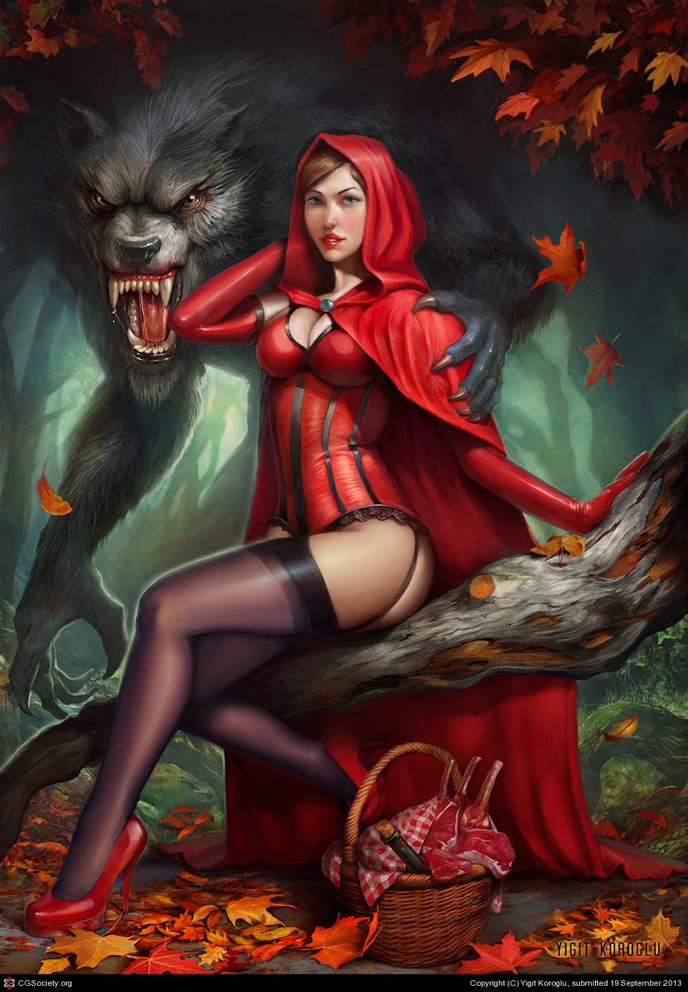 2013 alcohol angry athletic autumn basket beverage big_bad_wolf black_nose blue_eyes breasts brown_hair canine cape claws clothing detailed detailed_background duo female food front_view full-length_portrait fur gloves green_eyes grey_fur guardian hair hand_on_arm hi_res human leaves little_red_riding_hood little_red_riding_hood_(copyright) looking_at_viewer male mammal meat muscular nature nude open_mouth outside portrait pose red_cape red_dress red_lips saliva sharp_teeth sitting size_difference smaller_female standing teeth were werewolf wine yigit_koroglu