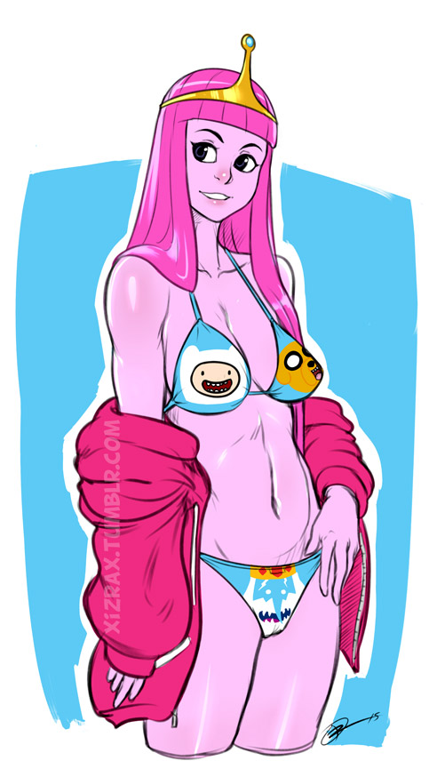 adventure_time bikini breasts circlet cleavage clothed clothing female finn_the_human hair ice_king izra jake_the_dog long_hair pink_hair princess_bubblegum solo standing swimsuit