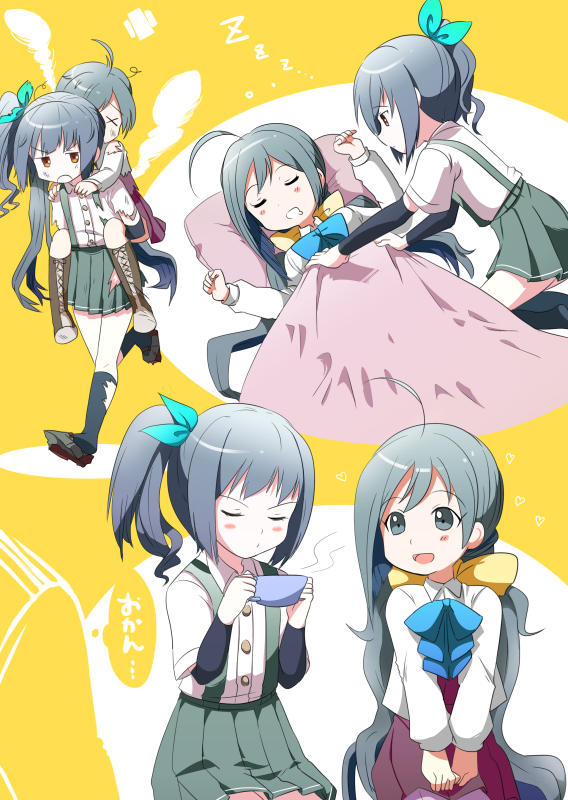 ahoge arm_warmers blowing blush_stickers bow bowtie brown_eyes carrying commentary covering_with_blanket cup drooling grey_hair hair_bow kantai_collection kasumi_(kantai_collection) kiyoshimo_(kantai_collection) long_hair low_twintails lying multiple_girls on_back open_mouth piggyback school_uniform side_ponytail skirt sleeping suspender_skirt suspenders teacup translated twintails ude x_x