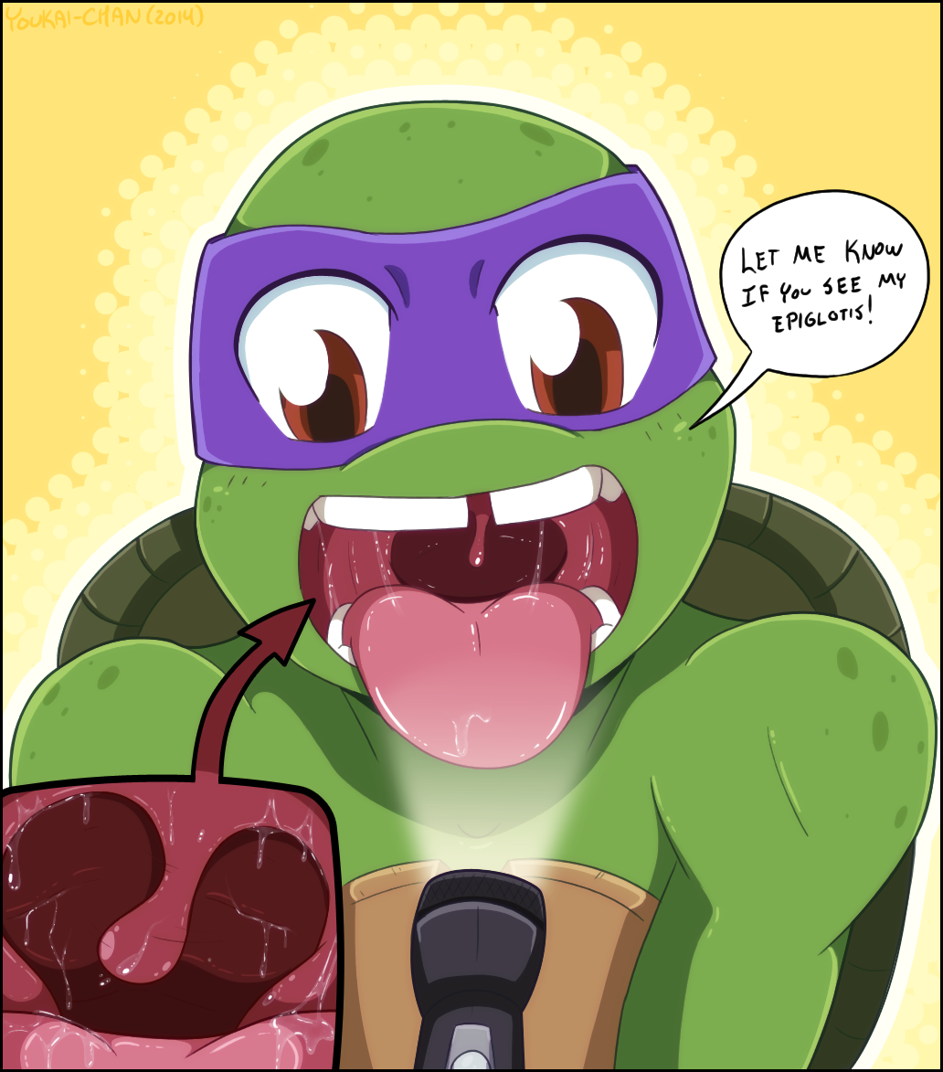 2014 anthro close-up dialogue donatello_(tmnt) english_text flashlight green_skin incredibleediblecalico light male mask mouth_shot nude open_mouth orange_background red_eyes reptile scalie shell simple_background speech_bubble teenage_mutant_ninja_turtles teeth text tongue tongue_out turtle