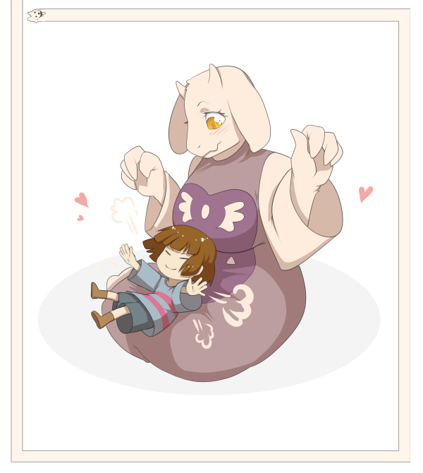 =3 androgynous animal_ears bad_deviantart_id bad_id blush breasts brown_hair claws closed_eyes commentary dress fang frisk_(undertale) goat_ears goat_girl horns lap_pillow large_breasts lesser_dog shorts sitting smile snout toriel undertale when_you_see_it whistle_frog yellow_eyes yokozuwari