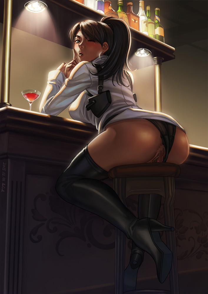 :o archer_(series) ass blush boots bottle breast_rest breasts brown_hair censored chair dated earrings eud_(systemblue) high_heel_boots high_heels holster hoop_earrings jewelry lana_kane large_breasts looking_back microskirt mosaic_censoring one_eye_closed panties panties_aside ponytail sitting skirt solo underwear
