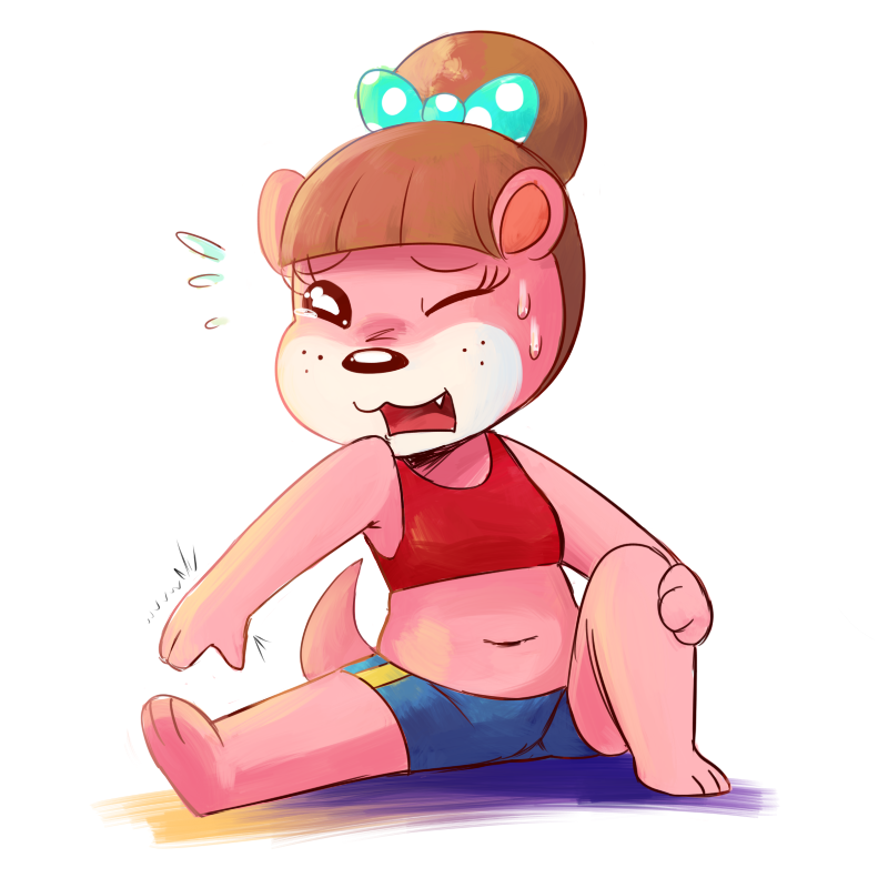 animal_crossing anthro beady_eyes bow brown_hair fangs female fur hair lottie_(animal_crossing) mammal midriff mustelid nintendo one_eye_closed open_mouth otter pink_fur solo stretching sweat tears unknown_artist video_games yoga