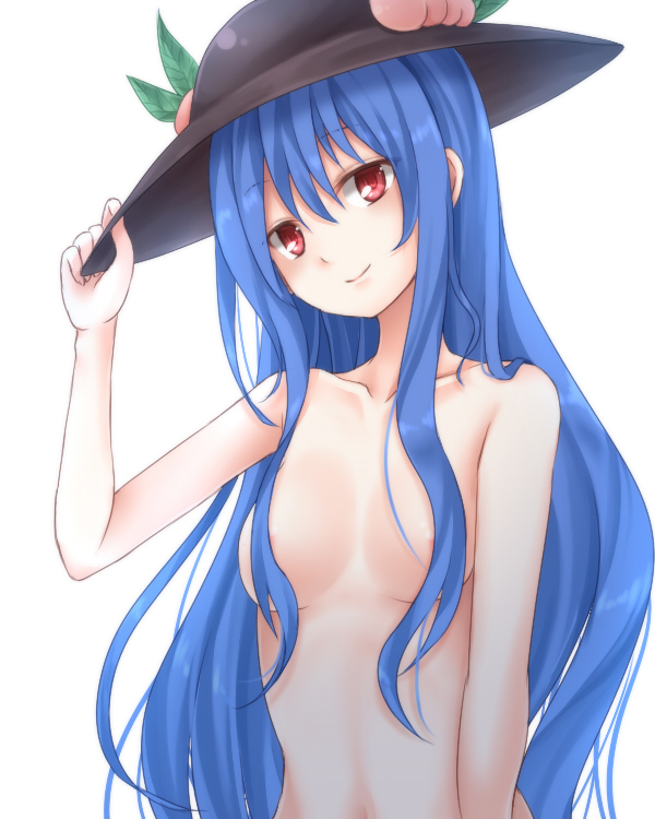 adjusting_headwear areolae awai_shiro bad_id bad_pixiv_id black_hat blue_hair breasts collarbone commentary_request eyebrows_visible_through_hair food fruit hair_between_eyes hair_censor hand_up hat head_tilt hinanawi_tenshi leaf long_hair looking_at_viewer nude peach profile red_eyes sidelocks small_breasts smile solo touhou upper_body very_long_hair white_background