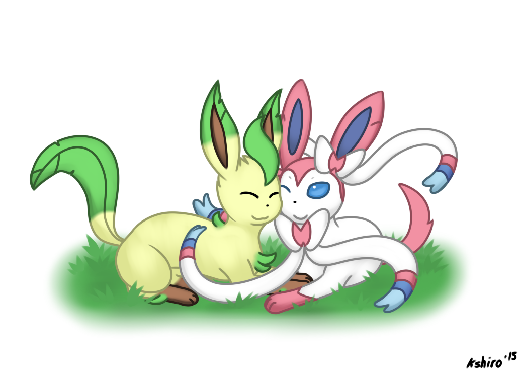 2015 duo eeveelution eyes_closed feral grass kyoushiro leafeon lying nintendo on_front one_eye_closed pok&eacute;mon simple_background sylveon video_games white_background