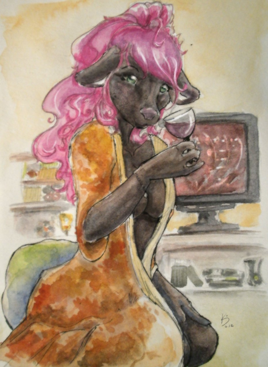 2012 anthro beverage black_fur breasts caprine clothed clothing computer dlost female food fray fur glass green_eyes hair inside long_hair mammal monitor pink_hair pink_nose robe sheep solo