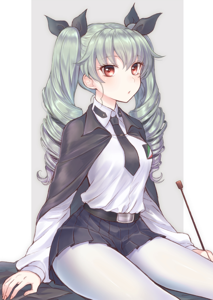 anchovy anzio_school_uniform bangs belt black_bow bow cape chestnut_mouth cowboy_shot drill_hair girls_und_panzer green_hair grey_background hair_bow half_updo locks long_hair long_sleeves looking_at_viewer necktie pantyhose pleated_skirt red_eyes riding_crop school_uniform simple_background sitting skirt solo thighs totonii_(totogoya) tsurime twin_drills twintails uniform white_legwear