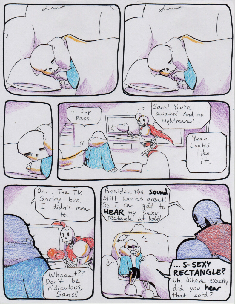 aftertale bone clothed clothing comic dialogue english_text grin loverofpiggies male papyrus_(undertale) sans_(undertale) skeleton sleeping smile sofa stairs television text undertale video_games