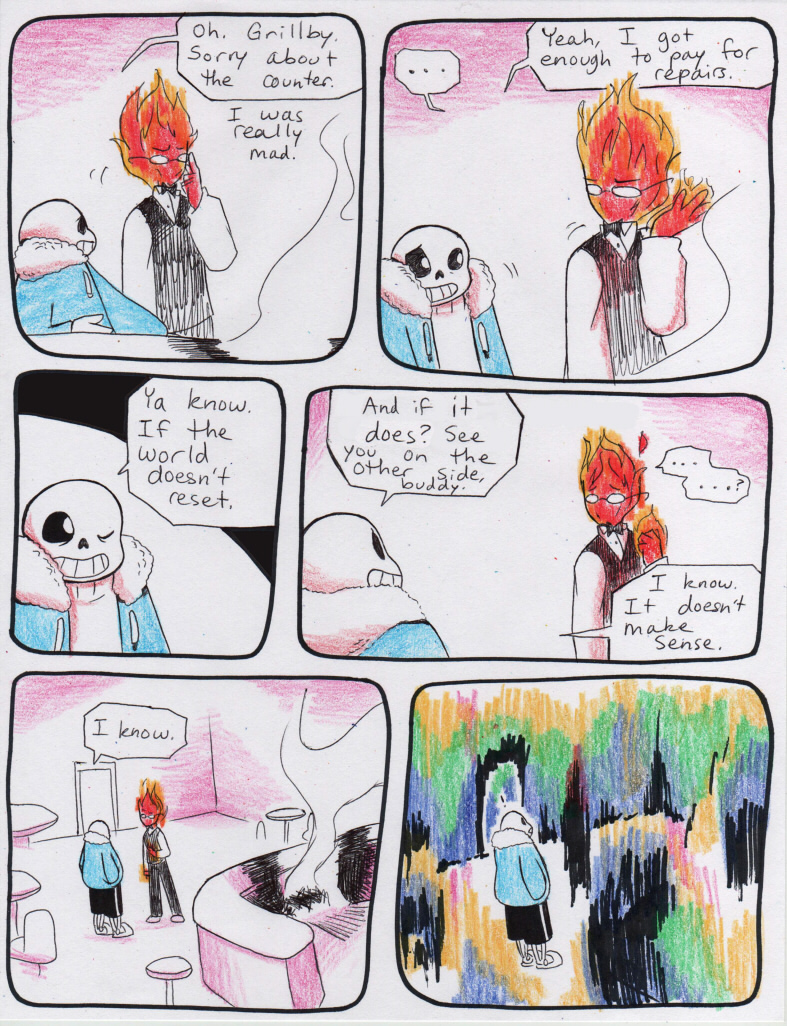 ... aftertale bone clothed clothing comic counter dialogue english_text eyewear fire glasses grillby loverofpiggies monster one_eye_closed sans_(undertale) skeleton smile text undead undertale video_games wink