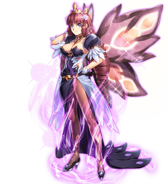 blue_eyes breasts cleavage crown detached_sleeves drill_hair elbow_gloves fairy fairy_wings full_body gladys_(sennen_sensou_aigis) gloves hair_ornament hand_on_hip high_heels jewelry large_breasts long_hair looking_at_viewer official_art pantyhose purple_hair sennen_sensou_aigis short_sleeves smile solo transparent_background uchiu_kazuma wings wrist_cuffs