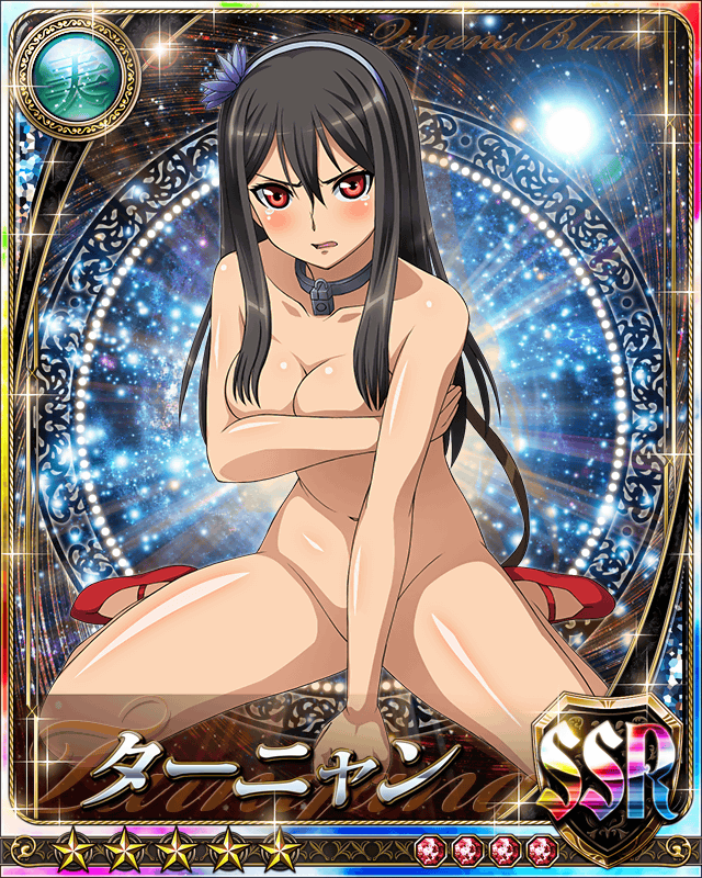 10s 1girl blush breast_grab breasts card_(medium) defeated grabbing large_breasts nude queen's_blade queen's_blade_rebellion red_eyes sitting solo sword tarnyang_(queen's_blade) weapon
