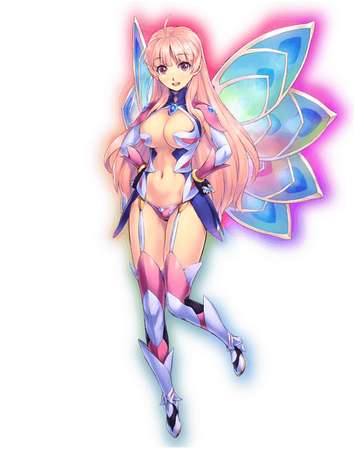 breasts elbow_gloves fairy fairy_wings full_body gloves hands_on_hips large_breasts long_hair looking_at_viewer official_art open_mouth pink_hair red_eyes sennen_sensou_aigis smile solo thighhighs transparent_background uchiu_kazuma wings