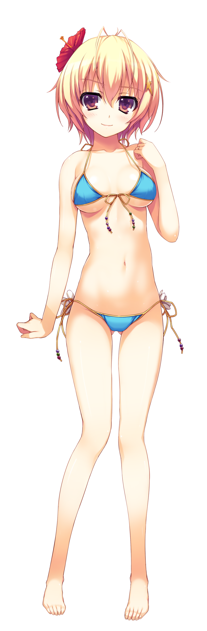 absurdres bare_legs bare_shoulders bikini blonde_hair blush brown_eyes flower front-tie_top full_body hair_flower hair_ornament hand_on_own_chest highres looking_at_viewer navel non-web_source nozomi_(reminiscence) panties reminiscence side-tie_bikini side-tie_panties smile solo strap_gap swimsuit tomose_shunsaku transparent_background underwear