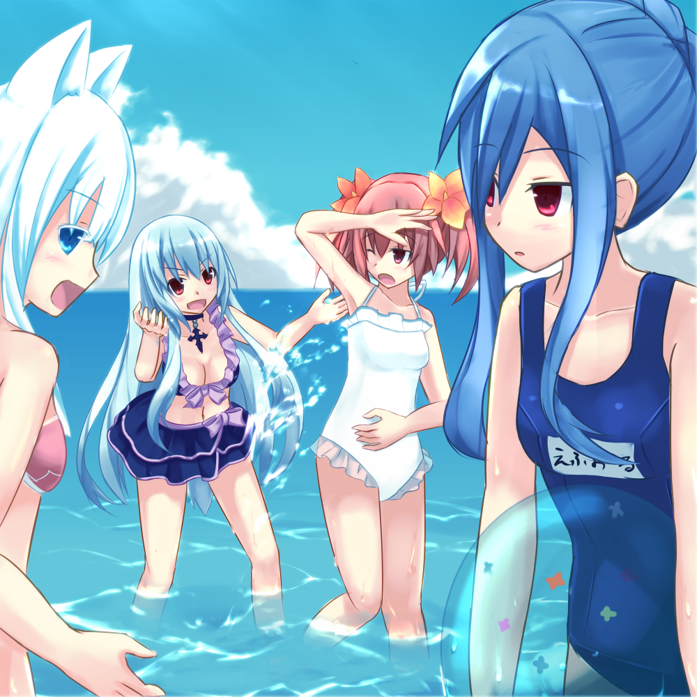 alyn_(fairy_fencer_f) animal_ears ball bare_shoulders beachball breasts cloud day effole_(fairy_fencer_f) fairy_fencer_f frills himajin_(starmine) karin_(fairy_fencer_f) long_hair medium_breasts multiple_girls ocean one-piece_swimsuit open_mouth red_eyes red_hair school_swimsuit skirt sky swimsuit tiara_(fairy_fencer_f) twintails white_hair white_swimsuit