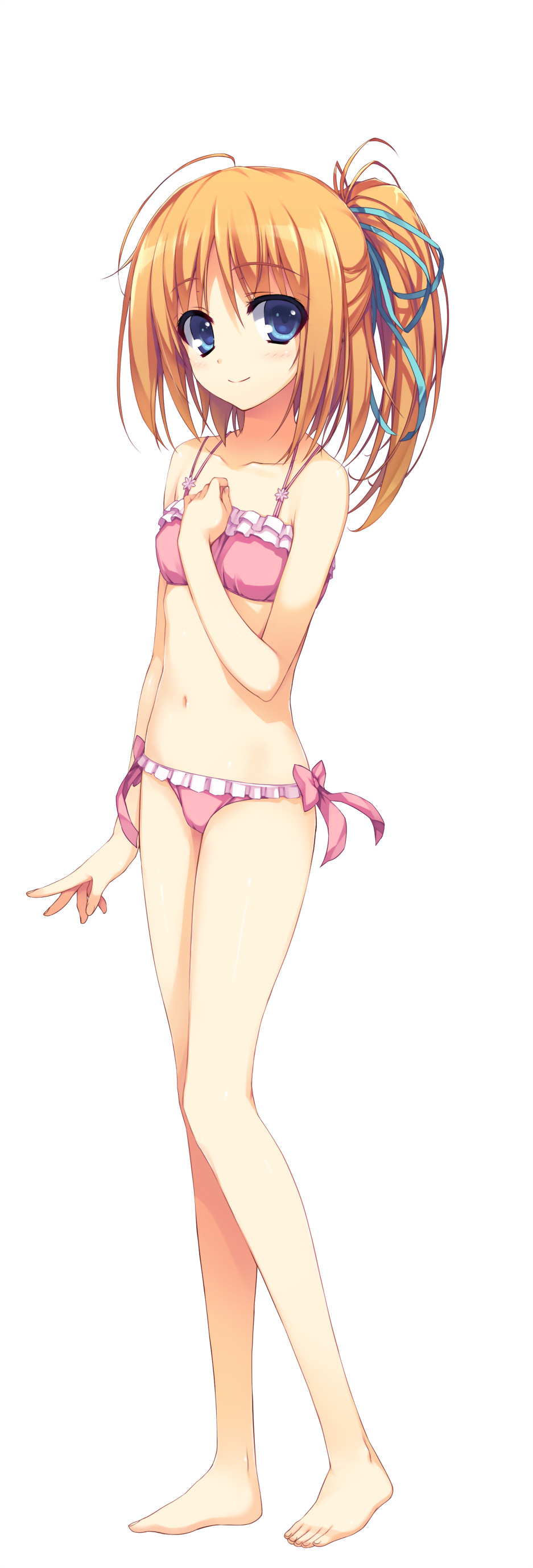 absurdres bare_legs bare_shoulders bikini blue_eyes flat_chest full_body hand_on_own_chest highres kizuna looking_at_viewer non-web_source one_side_up orange_hair pink_bikini reminiscence solo swimsuit tomose_shunsaku transparent_background
