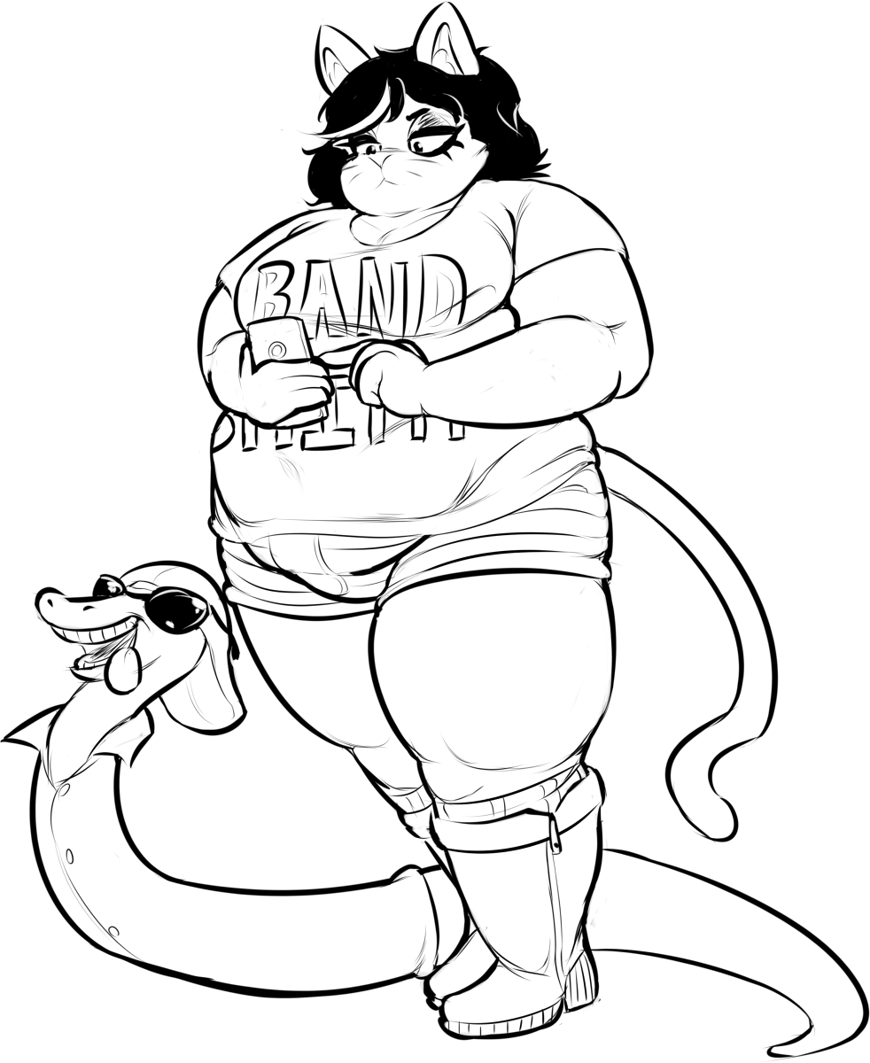 2018 4_fingers :&lt; anthro backwards_baseball_cap baseball_cap belly big_belly big_breasts biped black_and_white boots bored breasts cat catti_(deltarune) cellphone cleavage clothed clothed_feral clothing cutoffs deltarune denim_shorts digital_drawing_(artwork) digital_media_(artwork) distracted dress_shirt duo eyelashes eyeshadow eyewear feline female feral footwear frown full-length_portrait fupa hair half-closed_eyes hat holding_object holding_phone jockington_(deltarune) larger_anthro larger_female legwear long_tail looking_down makeup male mammal mascara monochrome obese obese_female open_mouth open_smile overweight overweight_female phone portrait radical registered111 reptile scalie serpentine shirt shorts simple_background size_difference smaller_feral smaller_male smile snake socks standing sunglasses teeth texting thick_thighs tongue tongue_out video_games whiskers white_background