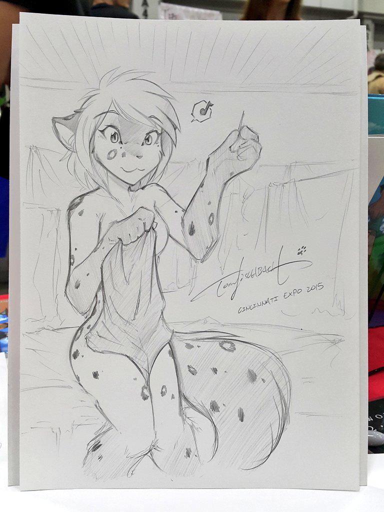 2015 :3 anthro breasts convenient_censorship feline female fur hair hybrid kathrin_(twokinds) keidran mammal musical_note sewing sketch solo spots spotted_fur tom_fischbach twokinds