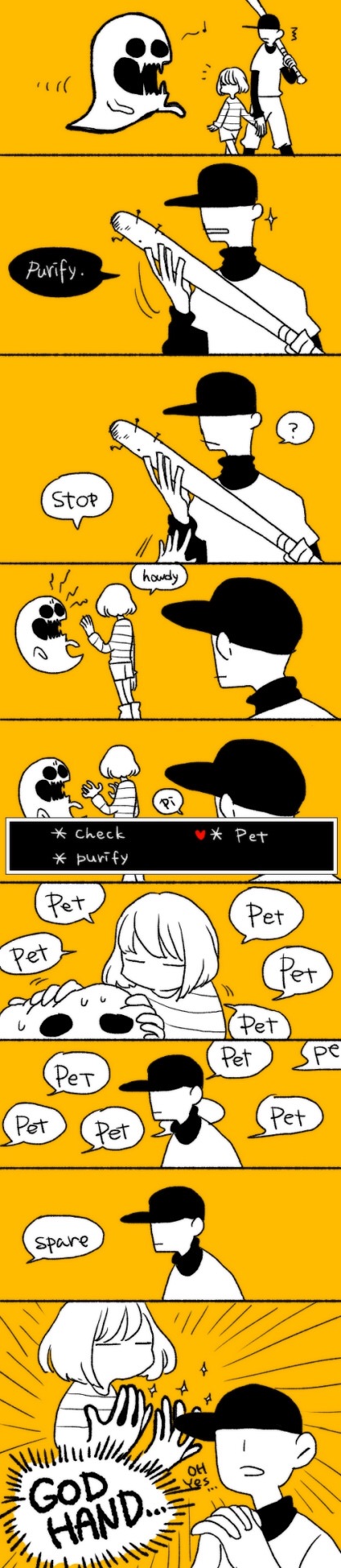 1boy ? ambiguous_gender androgynous artist_request baseball_bat batter crossover english_text frisk_(undertale) ghost hat human male mammal monochrome off off_(game) petting protagonist_(undertale) spirit text the_batter undertale video_games