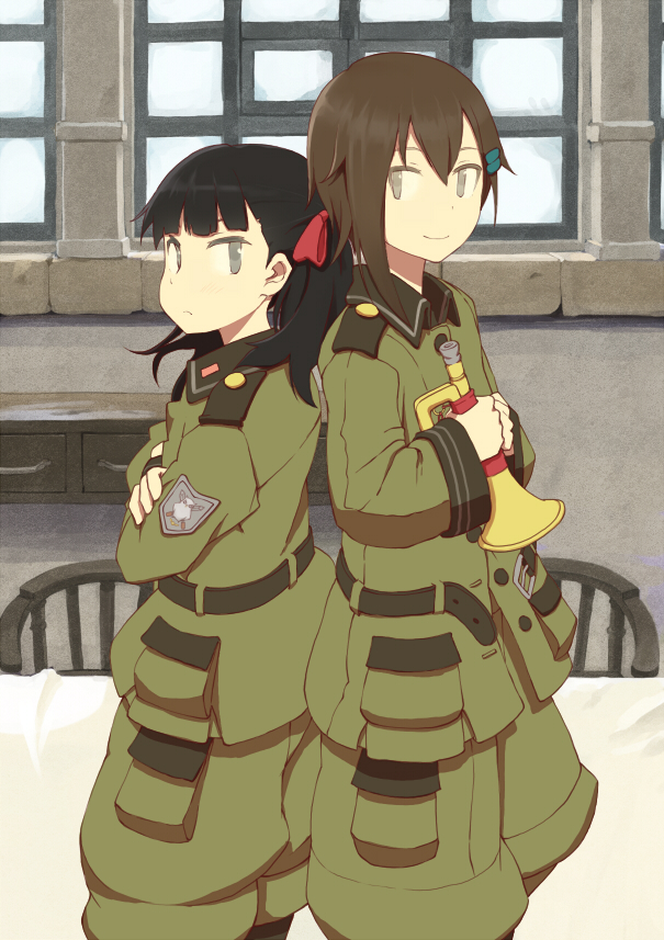 back-to-back bad_id bad_pixiv_id belt black_hair brown_hair bugle chair crossed_arms hair_ornament hairclip instrument memesaso military military_uniform multiple_girls sora_no_woto sorami_kanata suminoya_kureha uniform window