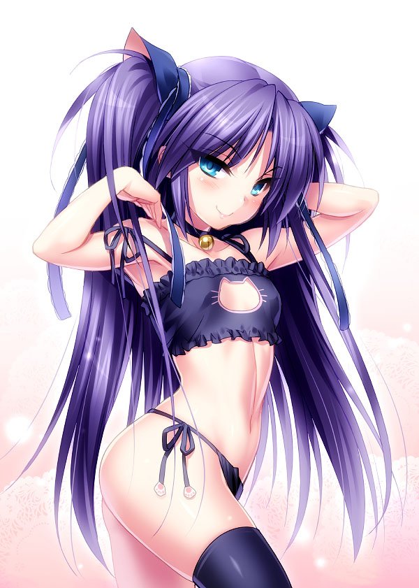 blue_eyes bra cat_cutout cat_lingerie choker cleavage_cutout contrapposto from_side jpeg_artifacts little_busters! long_hair meme_attire navel panties pose purple_hair sasasegawa_sasami side-tie_panties solo standing thighhighs two_side_up underwear zen