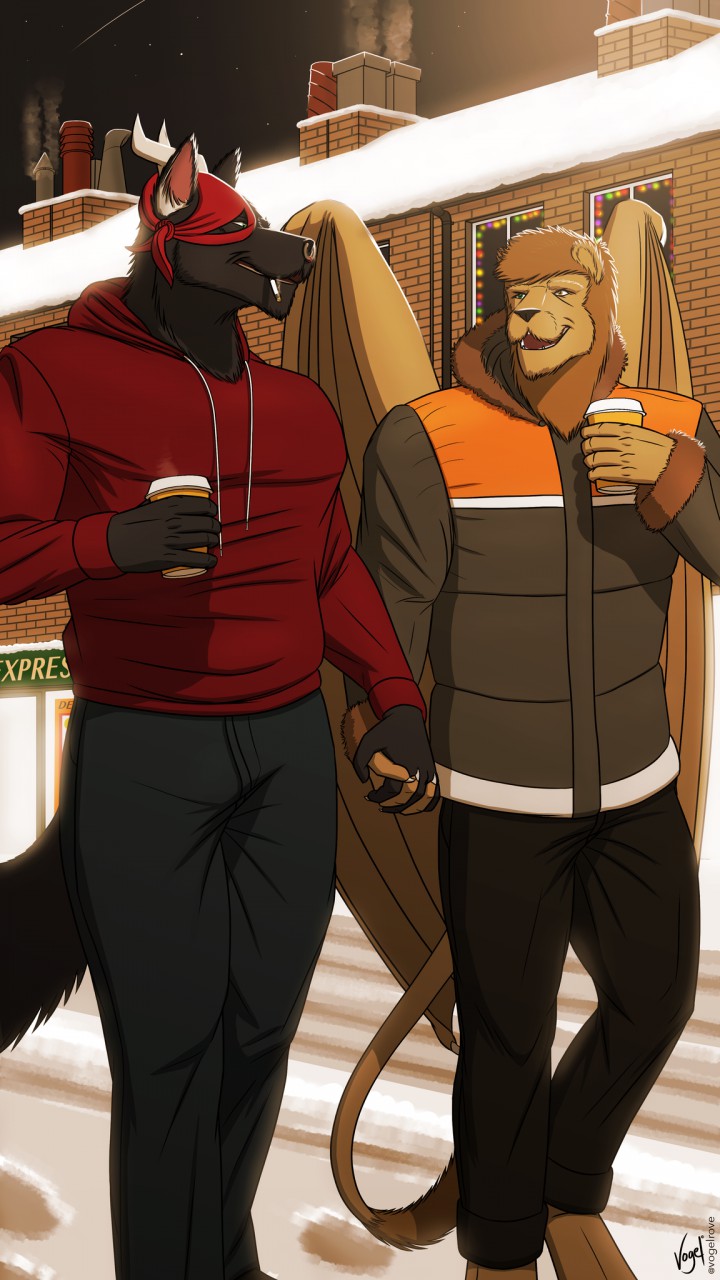 anthro bandanna beverage big_muscles canine cigarette clothing facial_piercing feline food hand_holding hoodie horn jacket lion male male/male mammal muscular nose_piercing outside piercing septum_piercing shade_dyrewood smoke smoking snow vogelrove wings winter wolf