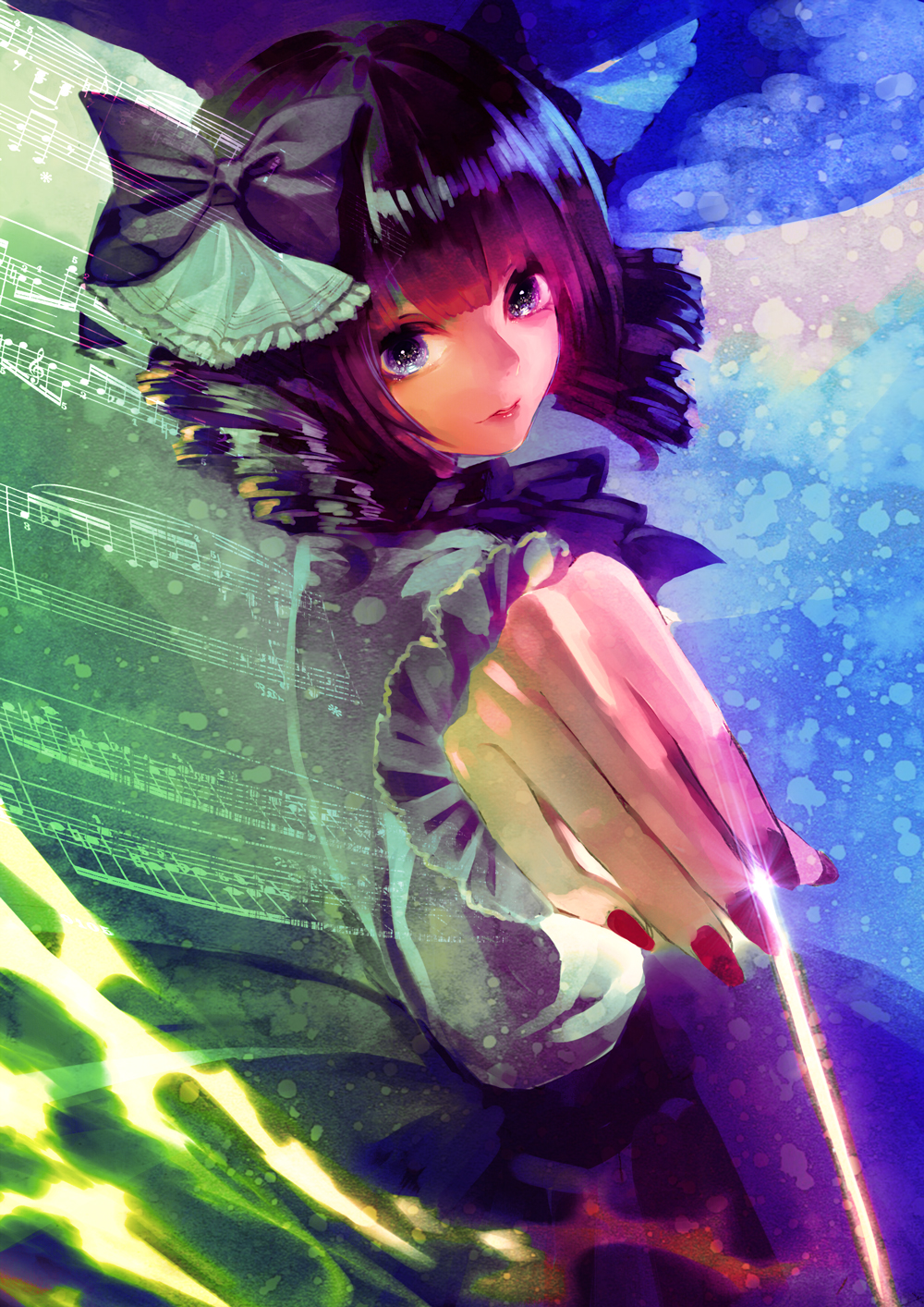bad_id bad_pixiv_id bangs beamed_eighth_notes beamed_sixteenth_notes black_hair blue_eyes blunt_bangs bow dotted_quarter_note drill_hair eighth_rest flat_sign foreshortening frills from_side hair_bow half_rest highres looking_at_viewer musical_note nail_polish natural_sign original outstretched_arm reniirean sheet_music solo upper_body
