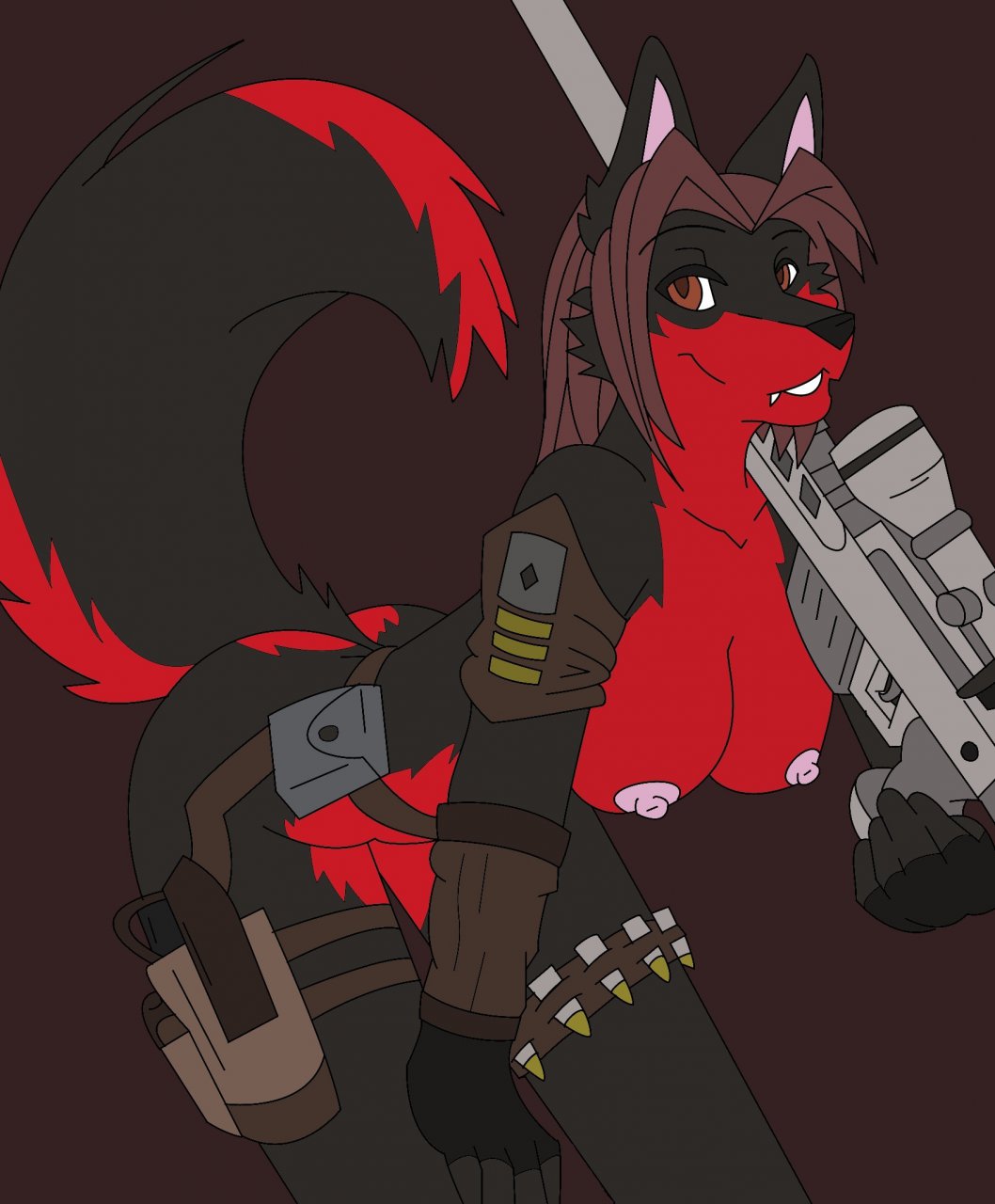 2011 anthro armband bent_over big_breasts black_fur breasts bullet canine f4814n fangs female fur gun lieutenant_(character) looking_at_viewer mammal nipples nude ranged_weapon red_fur rifle smile sniper_rifle solo weapon wolf